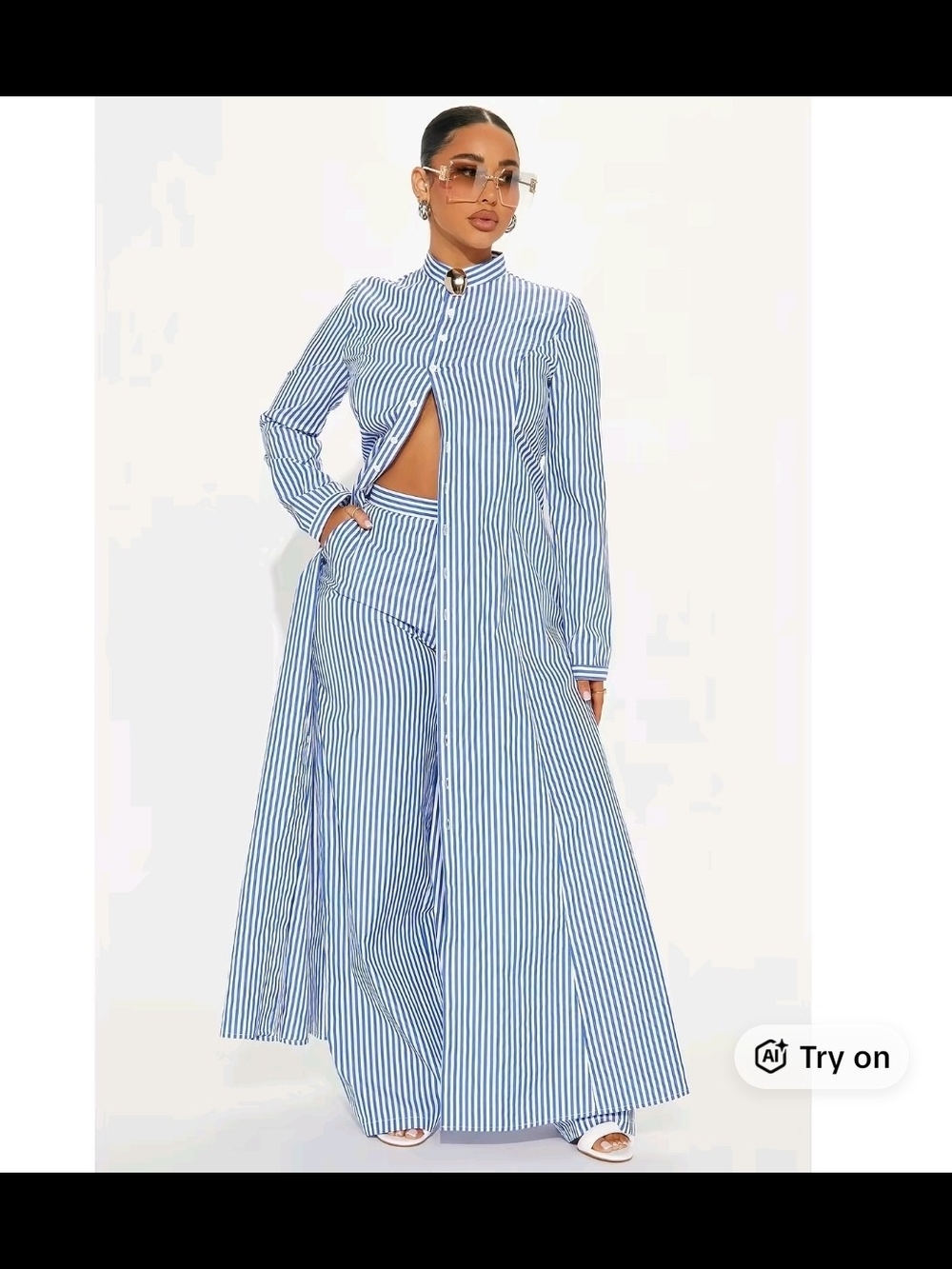 Fashion Nova Blue & White Striped Wide-Leg Pants and Long Shirt Set